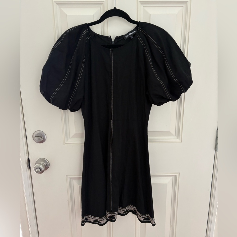 En Saison Puff Sleeve Linen Blend Dress Size Small